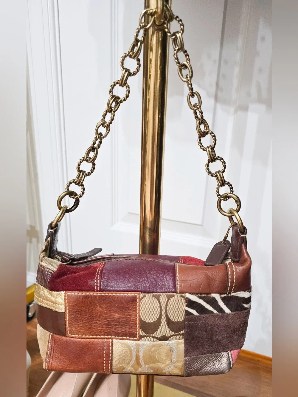Coach Patchwork Leather and Fabric Shoulder Bag in Burgundy